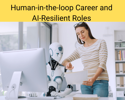Professional holding a remote control while managing a robot workforce, illustrating a human-in-the-loop career and AI-resilient roles in 2026.
