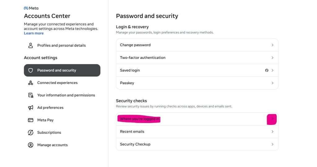FB logged in Facebook account settings